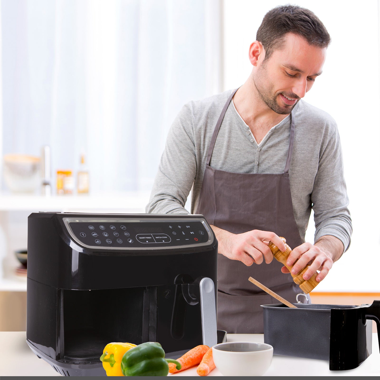 Kitchen Couture DUO 2-Basket Digital Air Fryer with LED display and two 4.5 litre baskets, showcasing its sleek black design.